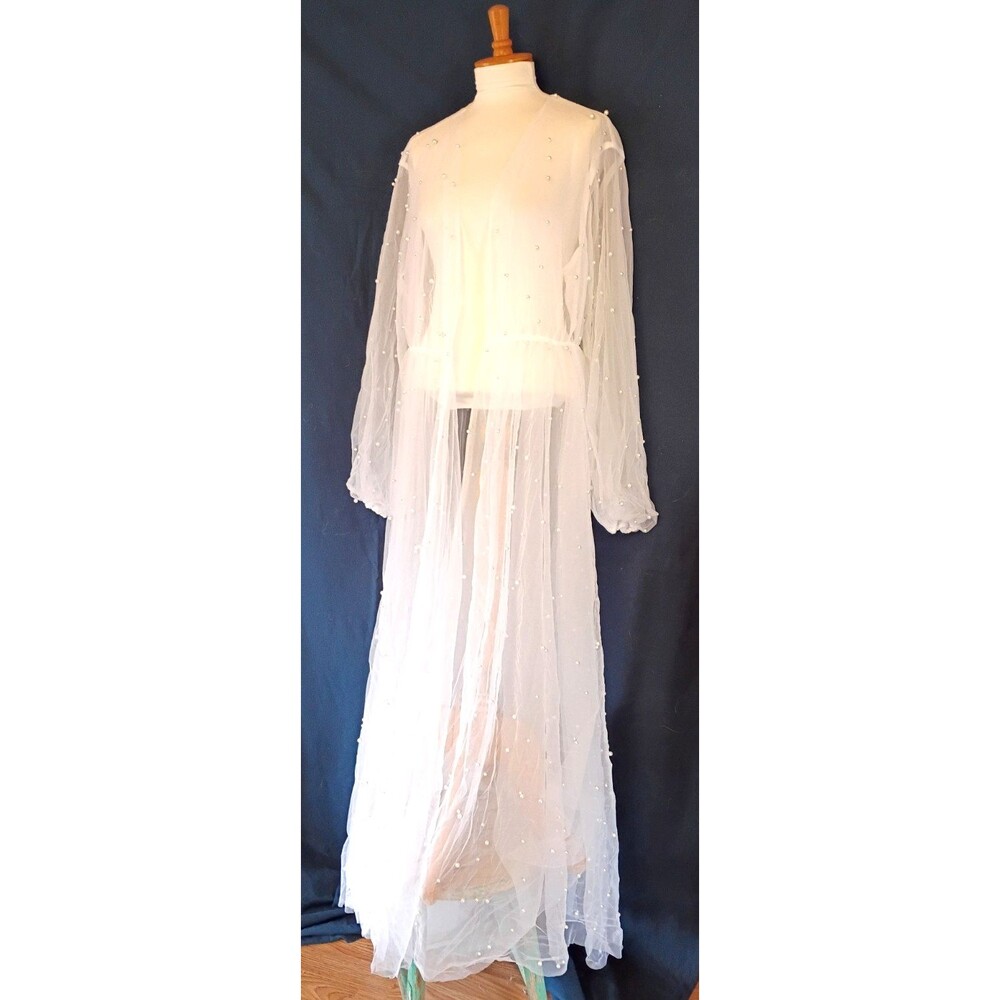 Fairy Core White Pearled Sheer Long Open  Front Wedding Robe One Size